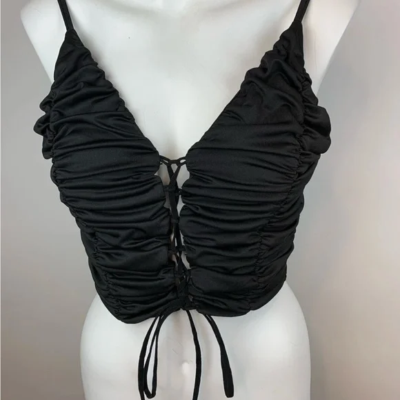 SHEIN Black V-Neck Ruched Lace-Up Crop Top- S - Picture 1 of 11